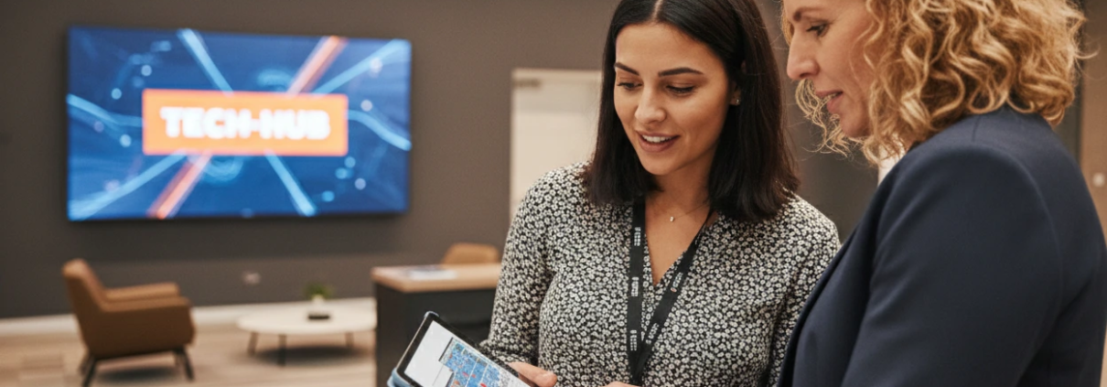 employee in office looking at tablet of exhibit hall floorplan