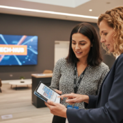 employee in office looking at tablet of exhibit hall floorplan