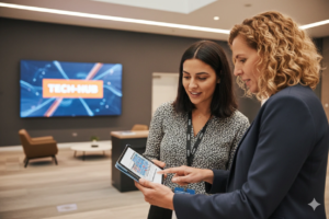 employee in office looking at tablet of exhibit hall floorplan